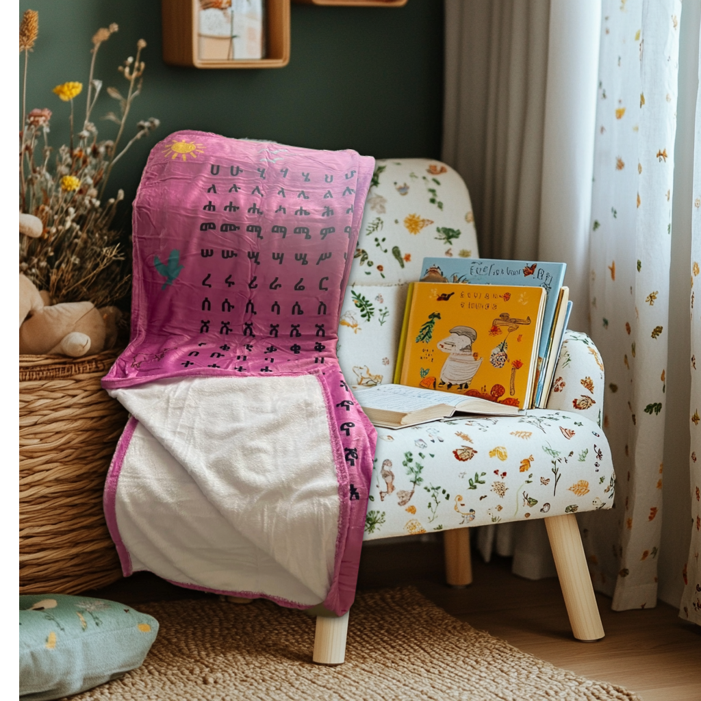 Ethiopian Alphabet Throw Blanket for Kids, Fidel Educational Blanket with Vibrant Colors and Animal Images, Soft and Snuggly - Dark Pink