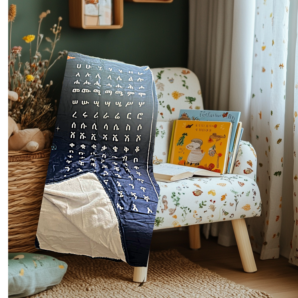 Ethiopian Alphabet Throw Blanket for Kids, Fidel Educational Blanket with Vibrant Colors and Animal Images, Soft and Snuggly - Blue