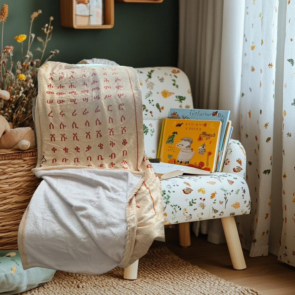 Ethiopian Alphabet Throw Blanket for Kids, Fidel Educational Blanket with Vibrant Colors and Animal Images, Soft and Snuggly - Yellow